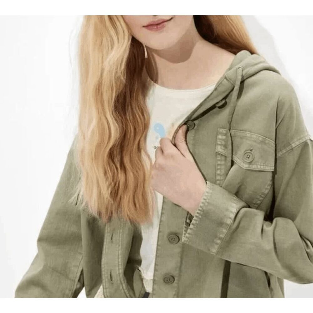 American Eagle Cropped Hooded Military Jacket Green Pockets Washed Out Size‎ XL